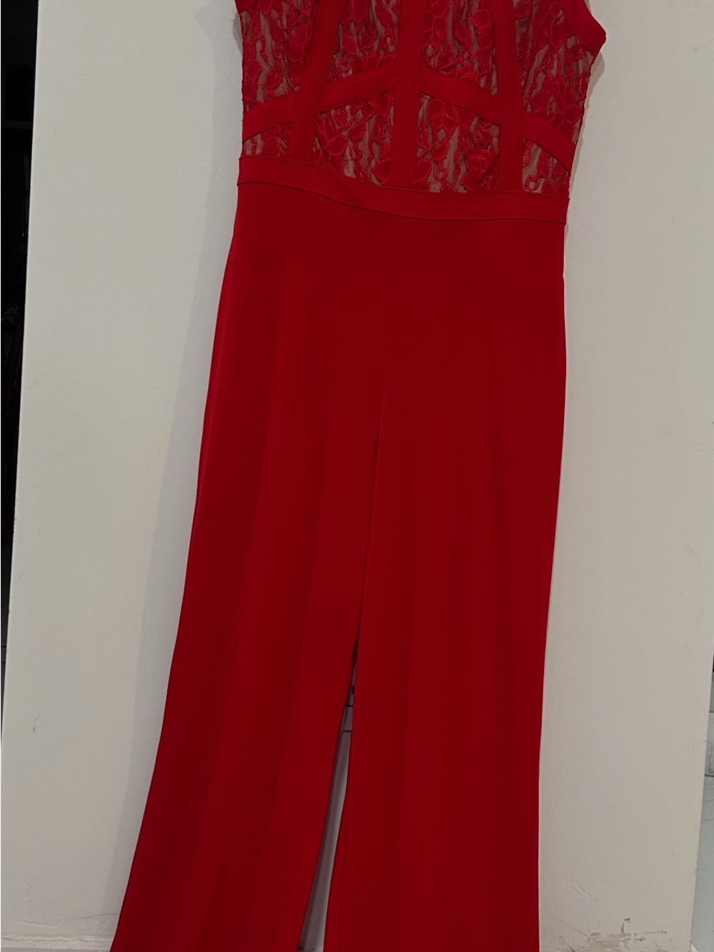 Beige by eci Red Lace-Top Round Top Wide-Leg Jumpsuit Stretchy with Pockets. 6